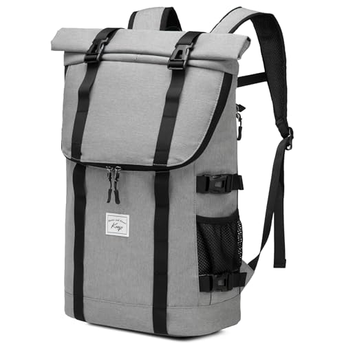 Kasgo Laptop Rucksack, Rolltop Schulrucksack Wasserabweisend 17 Zoll Rucksack Herren Damen Mädchen Jungen Teenager Casual Daypack für Reise Arbeit Camping Hellgrau von Kasgo