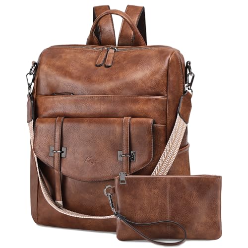 Kasgo Damen Rucksack PU Leder Modischer Freizeit Schulrucksack für Frauen Elegant Daypack Rucksäcke wandelbar Umhängetasche Vintage Reiserucksack Braun von Kasgo