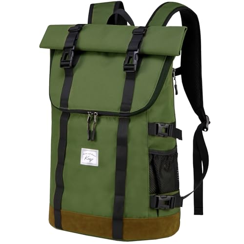 Kasgo Rucksack Herren Damen, Rolltop Schulrucksack Wasserabweisend 17 Zoll Laptop Rucksack Mädchen Jungen Teenager Casual Daypack für Reise Arbeit Camping Grün von Kasgo