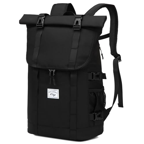 Kasgo Rucksack Herren Damen, Rolltop Schulrucksack Wasserabweisend 17 Zoll Laptop Rucksack Mädchen Jungen Teenager Casual Daypack für Reise Arbeit Camping Schwarz von Kasgo