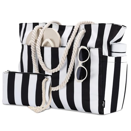 Kasgo Strandtasche Damen, Wasserabweisende Leichte Handtasche Große Faltbare Pooltasche Reisetaschen Turnbeutel Umhängetaschen mit Reißverschluss für Reisen Einkaufen Camping Schwarzer Streifen von Kasgo