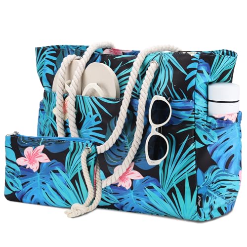 Kasgo Strandtasche Damen, Wasserabweisende Leichte Handtasche Große Faltbare Pooltasche Reisetaschen Turnbeutel Umhängetaschen mit Reißverschluss für Schwimmbad Reisen Einkaufen Camping Grünes Blatt von Kasgo