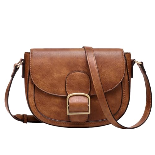 Kasgo Umhängetasche Damen, Vegane Leder Handtasche Kleine Schultertasche Retro Satchel Tasche Crossbody Bag für Frauen mit verstellbarem Gurt Braun von Kasgo