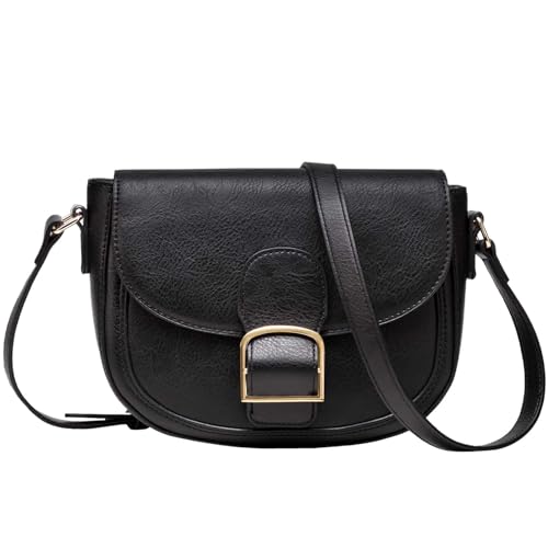 Kasgo Umhängetasche Damen, Vegane Leder Handtasche Kleine Schultertasche Retro Satchel Tasche Crossbody Bag für Frauen mit verstellbarem Gurt Schwarz von Kasgo