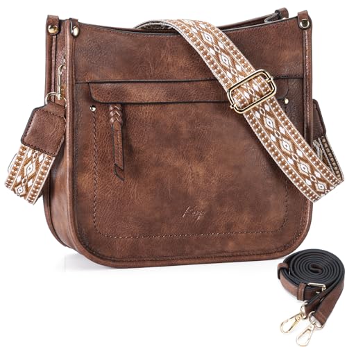 Kasgo Umhängetasche Damen, Handtasche Mode Crossbody Bag Mittelgroß Schultertasche Frauen Mit 2 Verstellbarem Gitarrengurt für Reisearbeit Täglich Braun von Kasgo