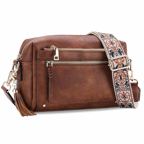 Kasgo Umhängetasche Damen, Mode Crossbody Bag Vegan Leder Handtasche Kleine Satchel für Frauen mit Verstellbarem Riemen Braun von Kasgo