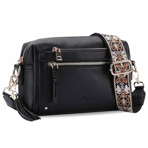 Kasgo Umhängetasche Damen, Mode Crossbody Bag Vegan Leder Handtasche Kleine Satchel für Frauen mit Verstellbarem Riemen Schwarz von Kasgo
