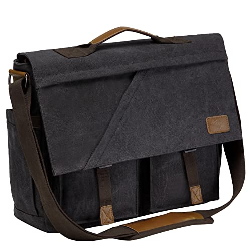 Kasgo Umhängetaschen Herren, Vintage Wasserabweisend Leinwand 15.6 Zoll Laptop Aktentasche Schultertasche Arbeitstasche mit Gepolstertem Schultergurt Stoßfestes Laptopfach Gepäckmanschett Dunkelgrau von Kasgo