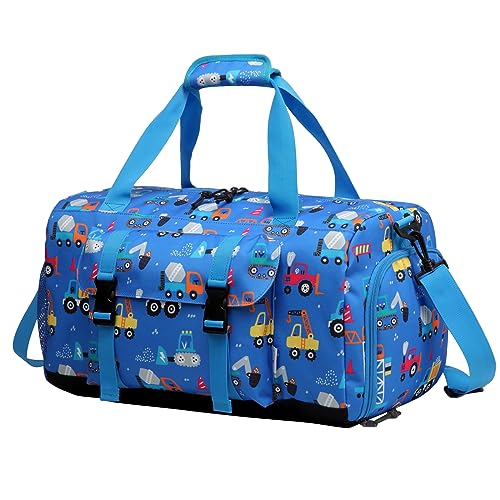 Kinder Reisetasche, Kasgo Duffle Bag für Kinder Jungen Mädchen Wasserabweisend Duffel Sport Carry On Weekender Bag mit Schuhfach Dry Wet Pocket Blau Auto von Kasgo