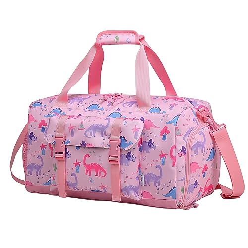 Kinder Reisetasche, Kasgo Duffle Bag für Kinder Jungen Mädchen Wasserabweisend Duffel Sport Carry On Weekender Bag mit Schuhfach Dry Wet Pocket Rosa Dinosaurier von Kasgo