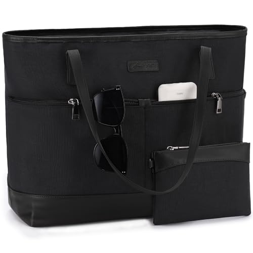 Kasgo Handtasche Damen, Groß 16,8L Shopper Tote Bag mit 15.6 Zoll Laptopfach Wasserabweisend Laptop Tasche Schultertasche Aktentasche für Arbeit Reise Lehrer mit Gepäckmanschette Schwarz von Kasgo