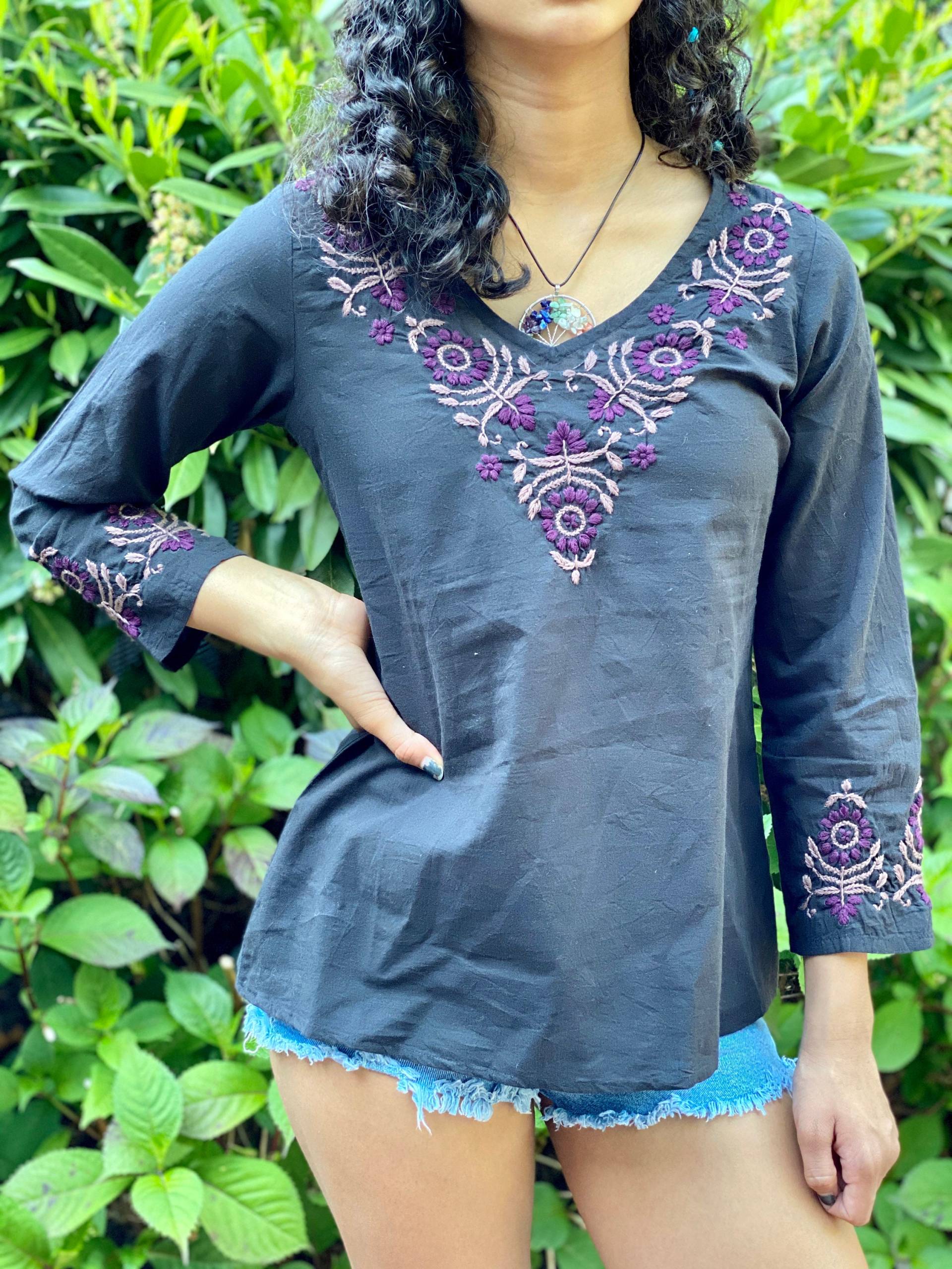 Anthrazit Besticktes Top ~ Bluse Tunika - Volle Ärmel, V-Ausschnitt- Größen Petite/Plus Xs Bis 3X-100% Baumwolle Von Kashmirvalley von Kashmirvalley