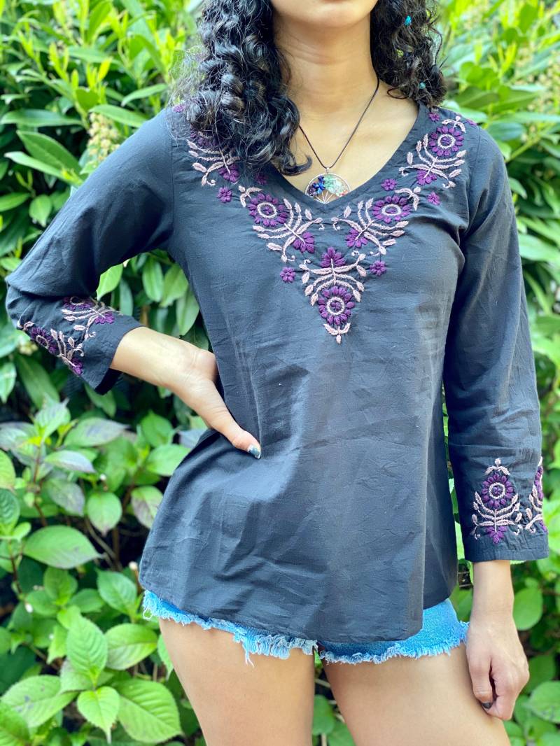 Anthrazit Besticktes Top ~ Bluse Tunika - Volle Ärmel, V-Ausschnitt- Größen Petite/Plus Xs Bis 3X-100% Baumwolle Von Kashmirvalley von Kashmirvalley