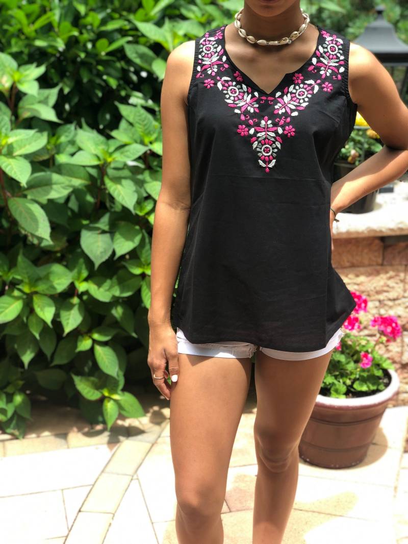 Petite/Plus 100 % Baumwolle Ärmellose Schwarz&rosa Hand Bestickt Top, Blouse Tunika in Us-Größen Xxs-5Xl Von Kashmirvalley.com von Kashmirvalley