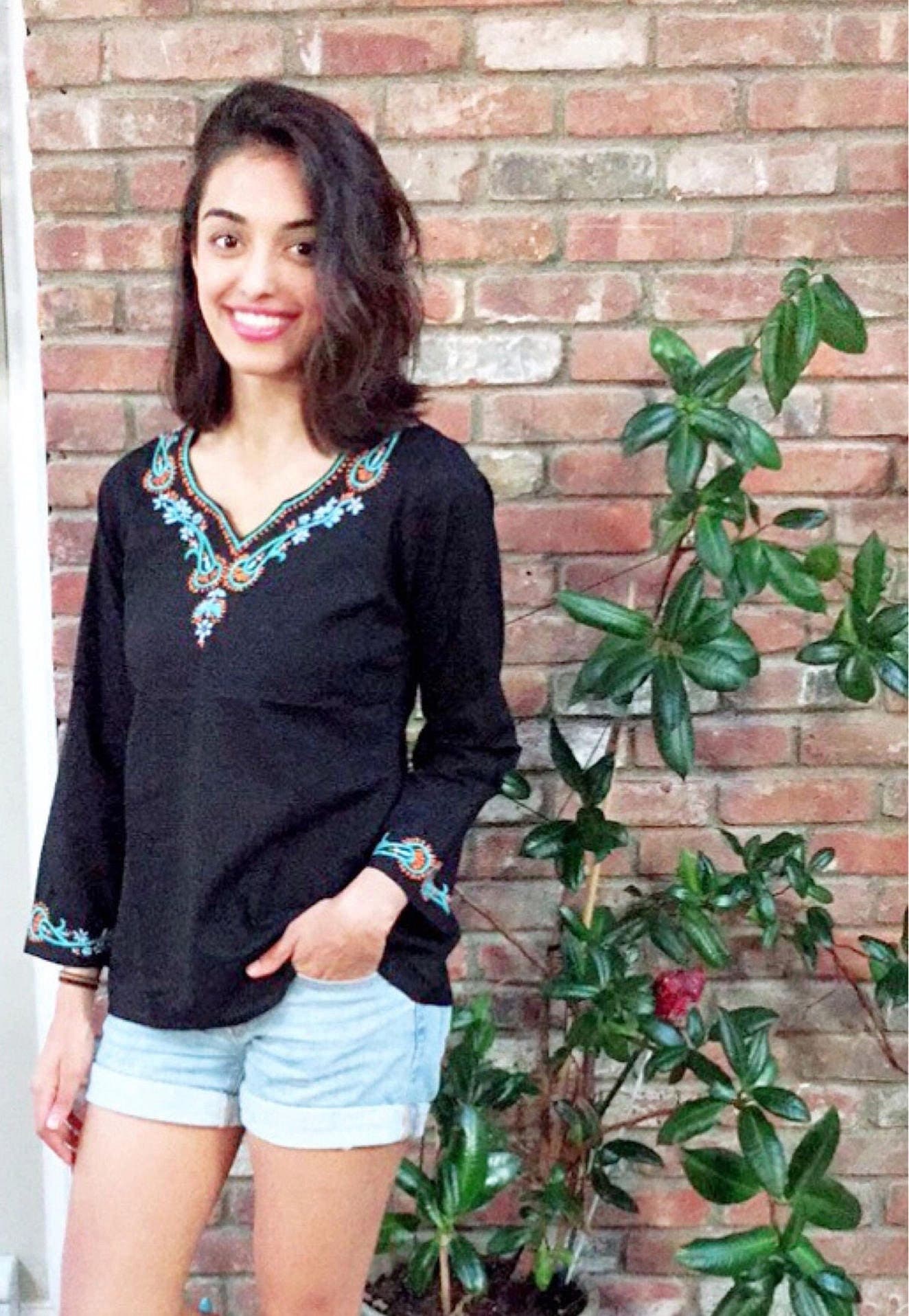 Petite/Plus 100% Baumwolle Schwarz-Aqua Bohochic Top ~ Tunika Bluse - Komplett Ärmel -xxs-5xl Von Kashmirvalley | T7 von Kashmirvalley