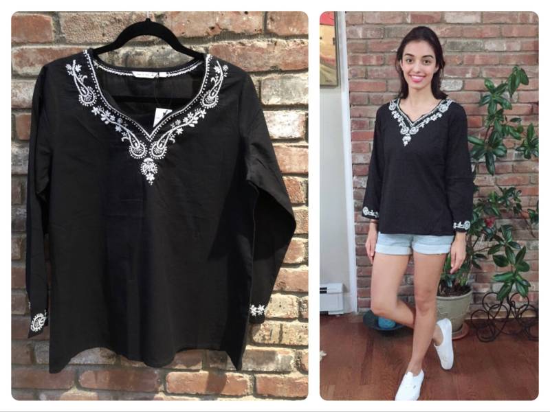 Petite/Plus Sizes-100% Baumwolle, Schwarz & Weiß Bestickte Volle Ärmel, Tunika ~ Top Bluse | xxs - 5xl von Kashmirvalley