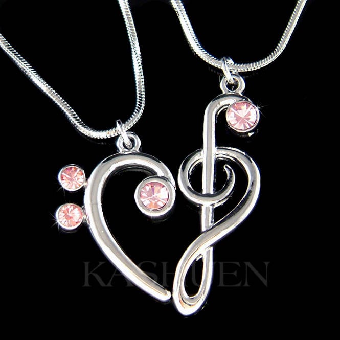 2 Rosa Swarovski-Kristalle, Bassschlüssel-Halsketten-Set, Liebe, Musikliebhaber, Musiknote, Herz-Schmuck, Freunde, Beste Freundin, Weihnachten, 40 von Kashuen