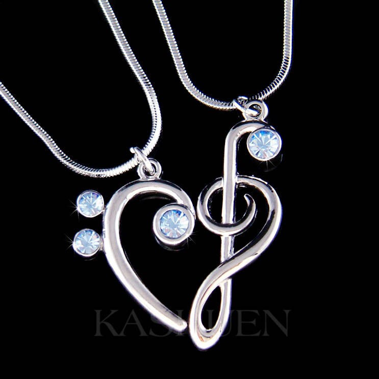 2 Swarovski Kristall Blau G-Bassschlüssel Herz-Halsketten-Set Liebe Musik-Liebhaber Note Schmuck Weihnachten 20 30 40 50 Geburtstag Geschenk von Kashuen