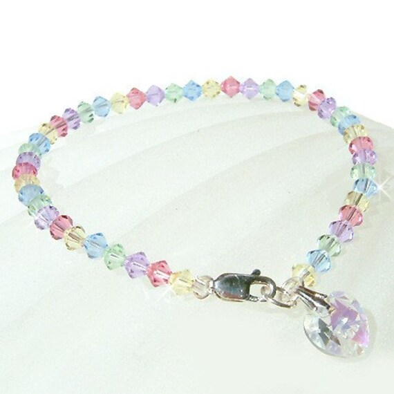 Bridal Mädchen Kinder Pastell Swarovski Kristall Aurora Borealis Herz Petite Sterling Silber Fußkettchen Armband Beste Freunde Bff Shower Favor von Kashuen