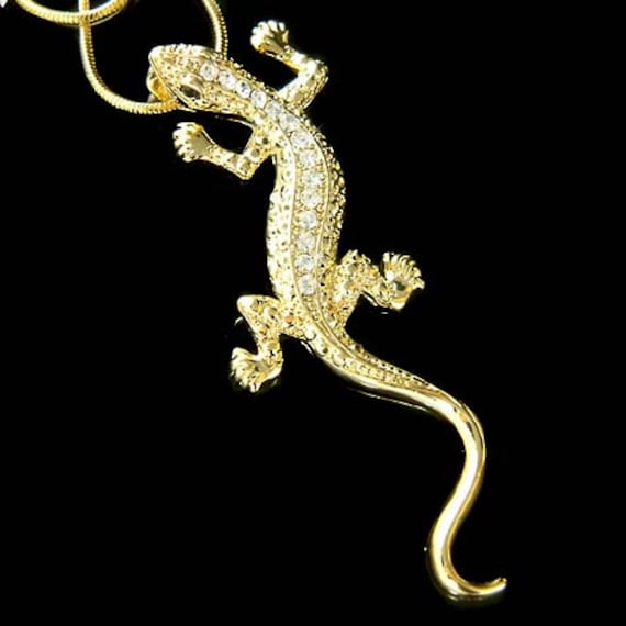 Gold Swarovski Kristall Eidechse Halskette Reptile Salamander Gecko Iguana Molch Charme Anhänger Weihnachten Geburtstag Geschenke Neu von Kashuen