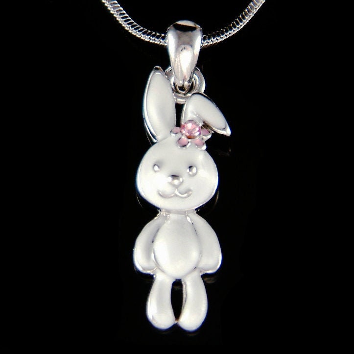 Halskette Mit Swarovski-Kristallen, Weißer Osterhase, Kaninchen, Rosa Blume, Hase, Schmuck, Geschenk Für Weihnachten, Freund, 7. Geburtstag von Kashuen