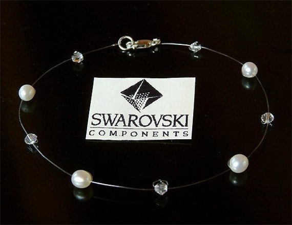 Schwimmendes Fußkettchen Aus Cremeweißen Süßwasserperlen Und Swarovski-Kristallen Sterlingsilber Für Die Strandhochzeit von Kashuen