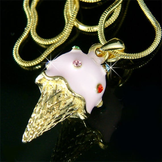 Swarovski Crystal 3D Erdbeere Eis Kegel Halskette Mädchen Party Shower Gold Schmuck Weihnachten 9.10.13.15.18.30 von Kashuen