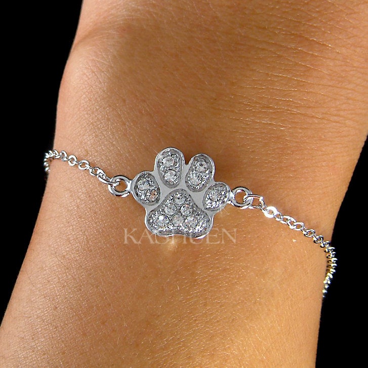 Swarovski Crystal Dainty Pfotenabdruck Sterling Silber Armband Hund Kitty Cat Kätzchen Schmuck Tierliebhaber Weihnachten 15.16.20 Geburtstagsgeschenk von Kashuen