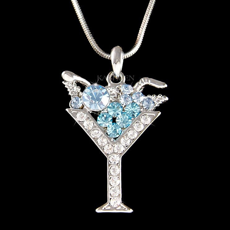 Swarovski Crystal Ice Blue Martini Cocktail Glas Olive Party Drink Anhänger Halskette New After Work Happy Hour Schmuck 30. 40 Geburtstag Geschenk von Kashuen