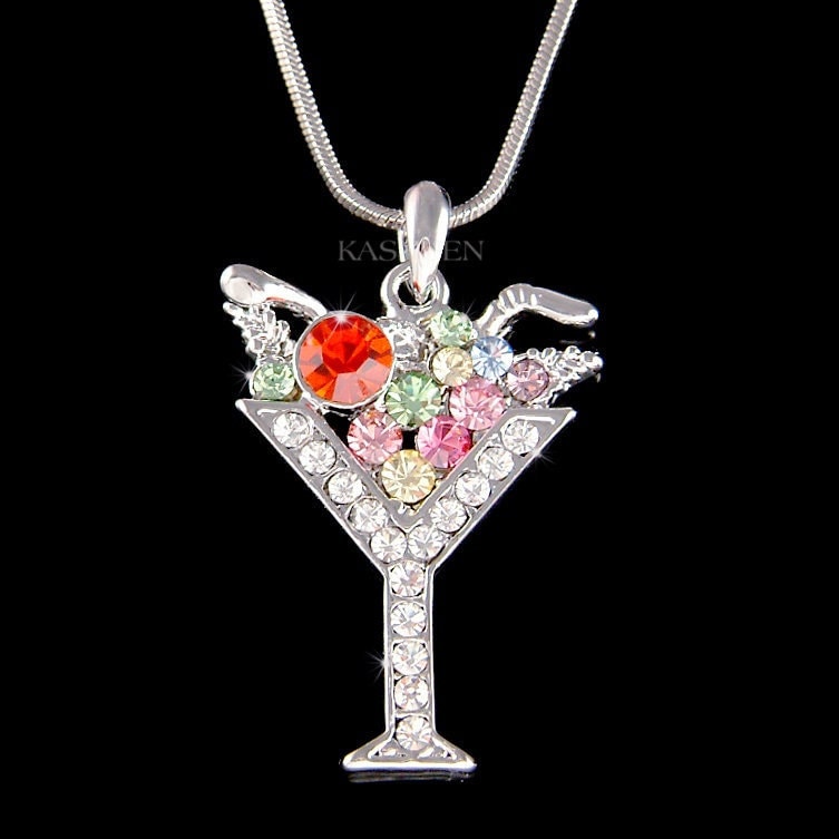 Swarovski Crystal Rainbow Martini Cocktail Glas Olive Party Drink Anhänger Halskette After Work Happy Hour Schmuck 30. 40. 50 Geburtstagsgeschenk von Kashuen