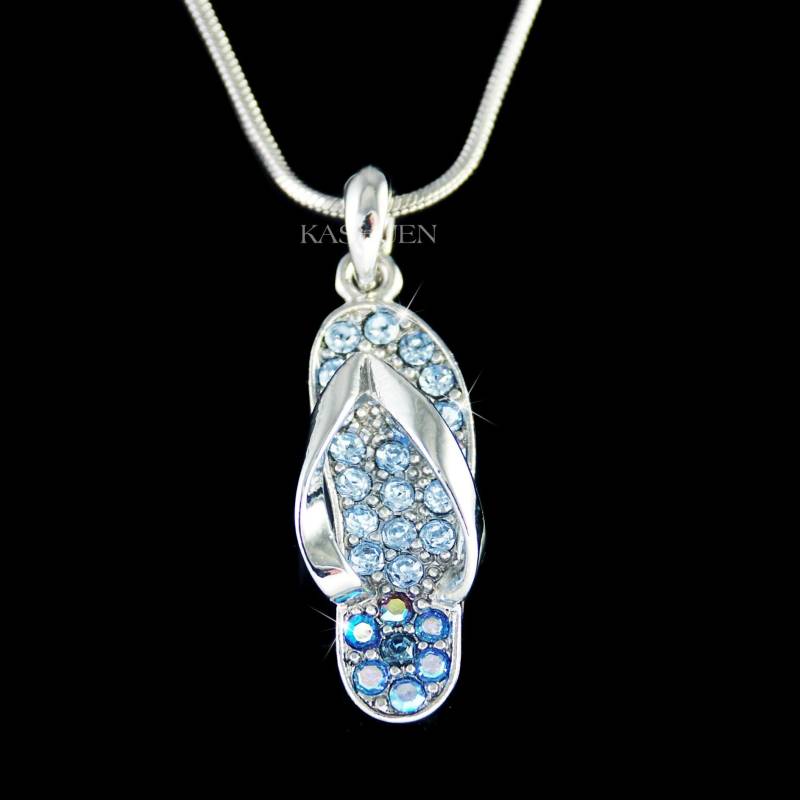 Swarovski Crystal Something Blue 3D Flip Flop Halskette Sandalen Strand Hochzeit Charm Kette Braut Brautjungfern Gastgeschenk Dusche Schmuck von Kashuen