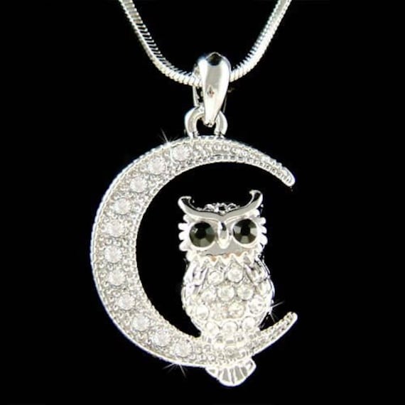 Swarovski Crystal Wise Teacher Hoot Owl Auf Halbmond-Vogel-Anhänger-Kette Halskette Natur Tier Weihnachten Beste Freunde Halloween-Geschenk Neu von Kashuen