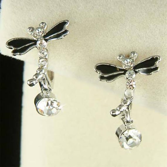 Swarovski-Kristall, Zierliche, Zierliche Schwarze Libelle, Braut, Hochzeit, Natur, Tierwelt, Rhodium-Creolen, Schmuck, Weihnachtsgeschenk, Beste von Kashuen