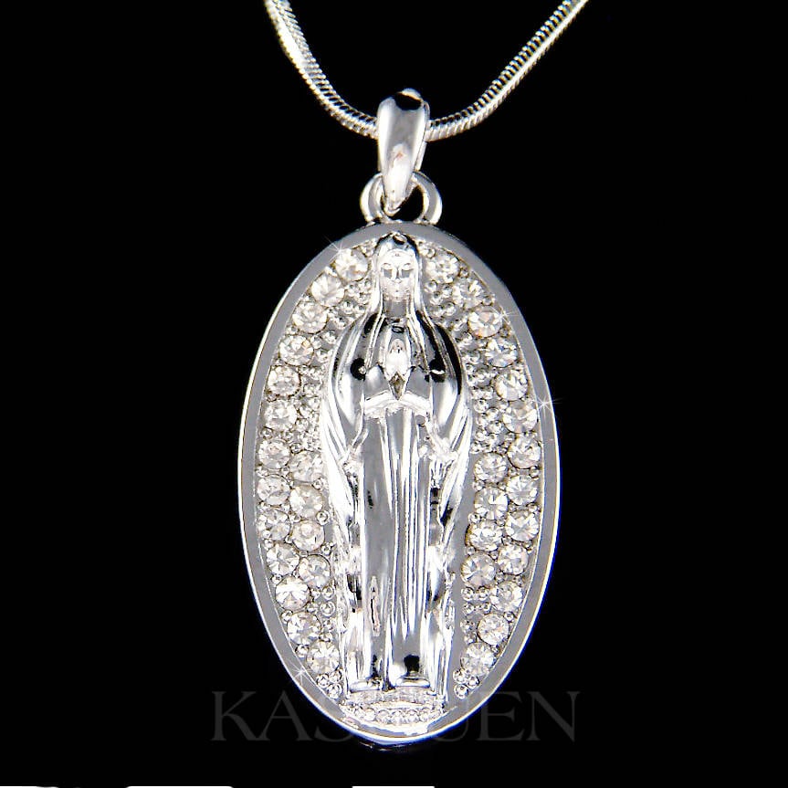 Swarovski Kristall 3D Jungfrau Maria Unsere Liebe Frau Von Virgen De Guadalupe Religiöser Ovaler Lord Charm Halskette Damen Herren Unisex Schmuck von Kashuen