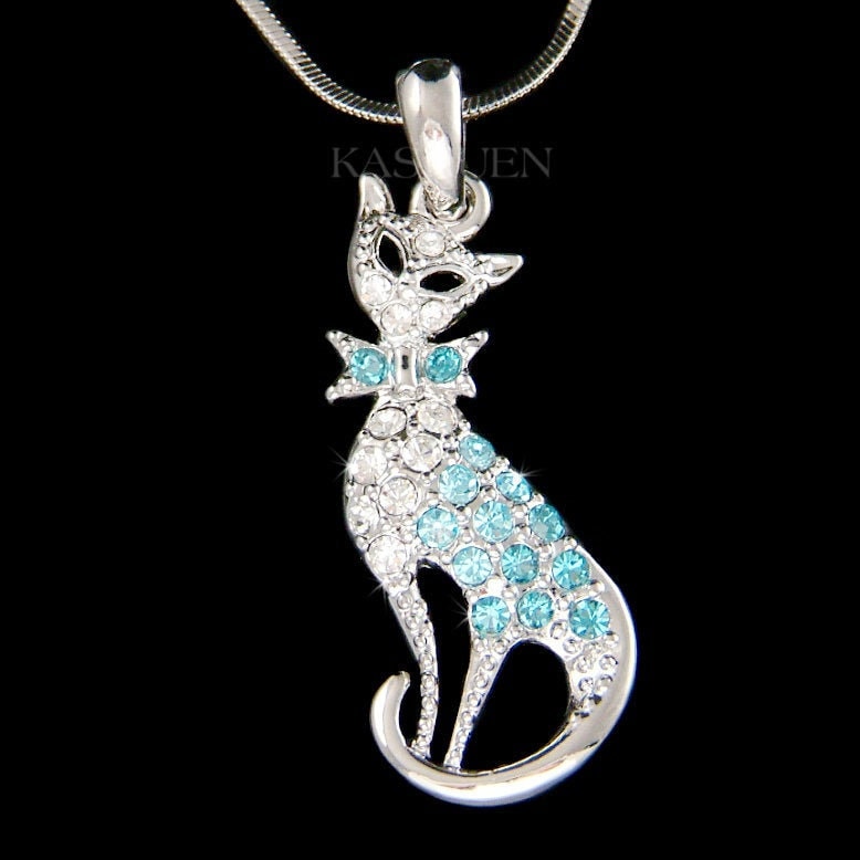 Swarovski Kristall Aqua Blue Kitty Cat Kätzchen Haustier Halloween Kette Halskette Niedlicher Schmuck Kinder Mädchen Weihnachten Freund 20 von Kashuen