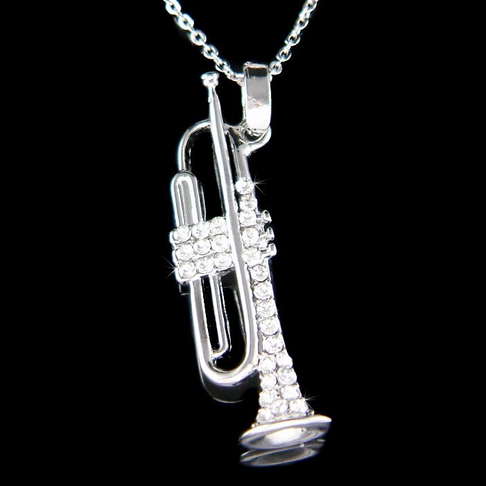 Swarovski Kristall Bach King Messing Trompete Sterling Silber Halskette Musik Student Musikinstrument Schmuck Musiker Weihnachten Geburtstagsgeschenk von Kashuen