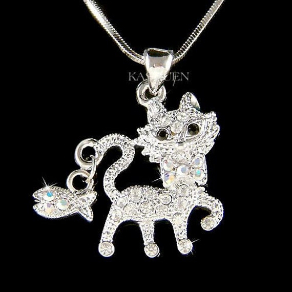 Swarovski Kristall Cute Kitty Katze Halskette Kätzchen Fisch Charme Anhänger Kette Tier Fuchs Foxy Schmuck 15.16.18.20 Geburtstag Weihnachtsgeschenke von Kashuen