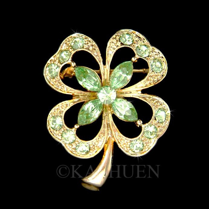Swarovski Kristall Grün Irish Saint Patricks Paddy Day Lucky 4 Four Leaf Clover Shamrock Good Luck Gold T Pin Brosche Schmuck Weihnachtsgeschenk von Kashuen