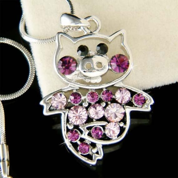 Swarovski Kristall Lila Kleines Schweinchen Piggy Ferkel Scheune Tier Charme Anhänger Kette Halskette Schmuck Beste Freunde Mädchen Tochter von Kashuen