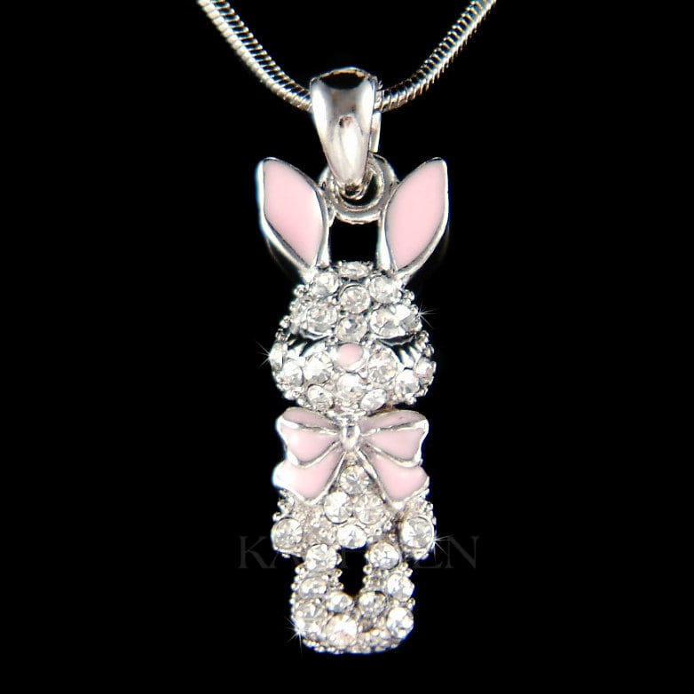 Swarovski Kristall Niedliche Osterhase Halskette Kaninchen Anhänger Rosa Bogen Hase Charme Mädchen Weihnachten 8.9.10.11 von Kashuen