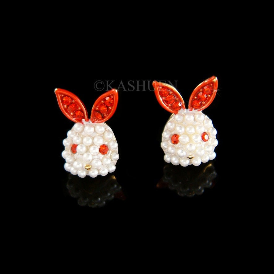 Swarovski Kristall Perle Rote Augen Ohren Bunny Ohrringe, Kaninchen Albino Hase 4H Tier Urlaub Ostern Schmuck Gold Bolzen Weihnachten Bff Mädchen von Kashuen