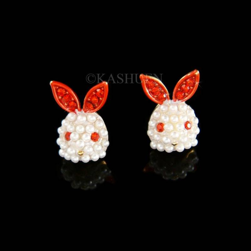 Swarovski Kristall Perle Rote Augen Ohren Bunny Ohrringe, Kaninchen Albino Hase 4H Tier Urlaub Ostern Schmuck Gold Bolzen Weihnachten Bff Mädchen von Kashuen