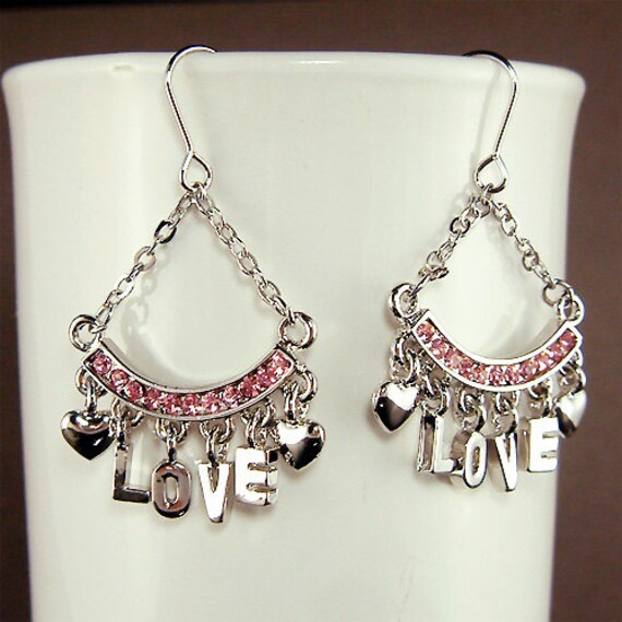 Swarovski Kristall Pink Liebe 4 Buchstaben Wort Sterling Silber Ohrringe Liebhaber Herz Schmuck Bester Freund Weihnachten 30.40.50.60 von Kashuen
