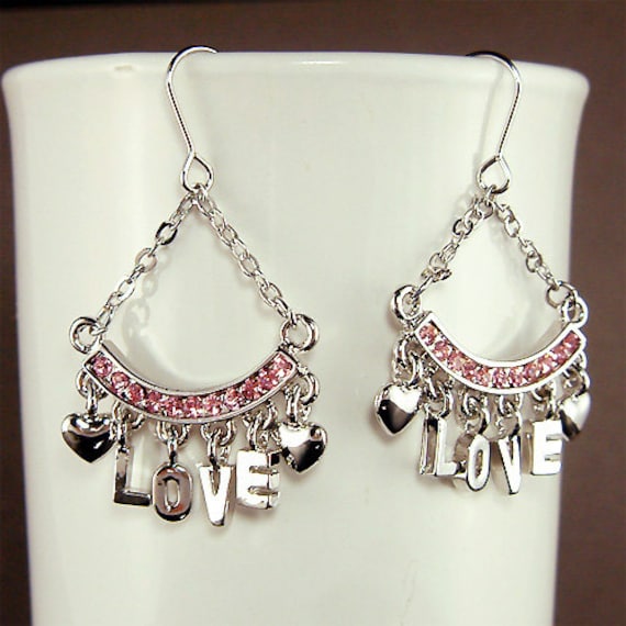 Swarovski Kristall Pink Liebe 4 Buchstaben Wort Sterling Silber Ohrringe Liebhaber Herz Schmuck Bester Freund Weihnachten 30.40.50.60 von Kashuen