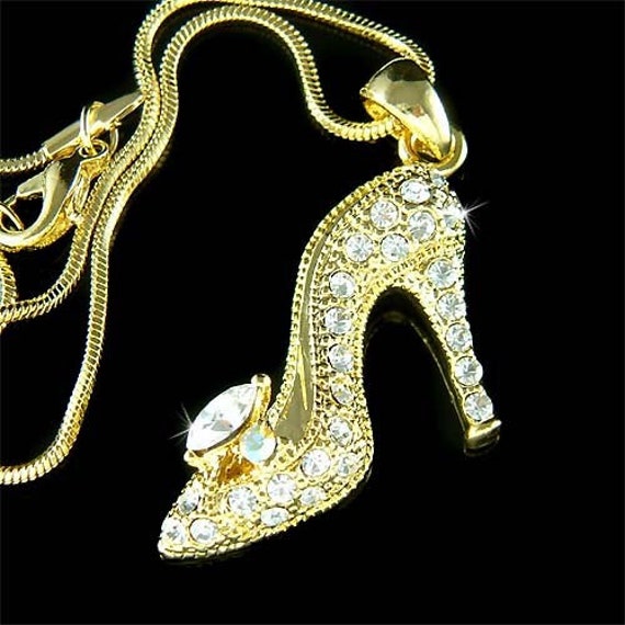Swarovski Kristall Prinzessin Glas Hausschuhe High Heel Schuh Hochzeit Charm Gold Halskette Braut Märchen Zauberhafter Schmuck Fantasy von Kashuen