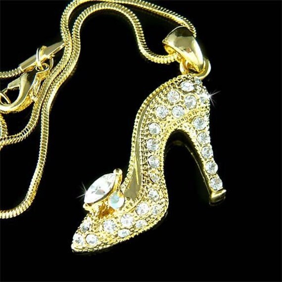 Swarovski Kristall Prinzessin Glas Hausschuhe High Heel Schuh Hochzeit Charm Gold Halskette Braut Märchen Zauberhafter Schmuck Fantasy von Kashuen