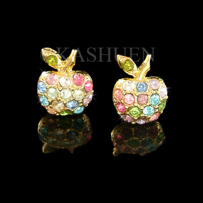 Swarovski Kristall Regenbogen Nette Saftige Apfel Frucht Gold-Ton Ohrringe Schmuck Bester Freund Bff Lehrer Tochter Frau Weisheit Weihnachtsgeschenk von Kashuen