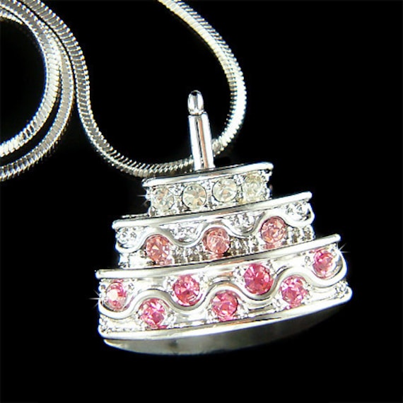 Swarovski Crystal Pink Happy Birthday Cake Jubiläum -Baker Geschenke - Mädchen Halskette Schmuck Weihnachten Drehen 1 16.18.20 Geburtstagsgeschenk von Kashuen