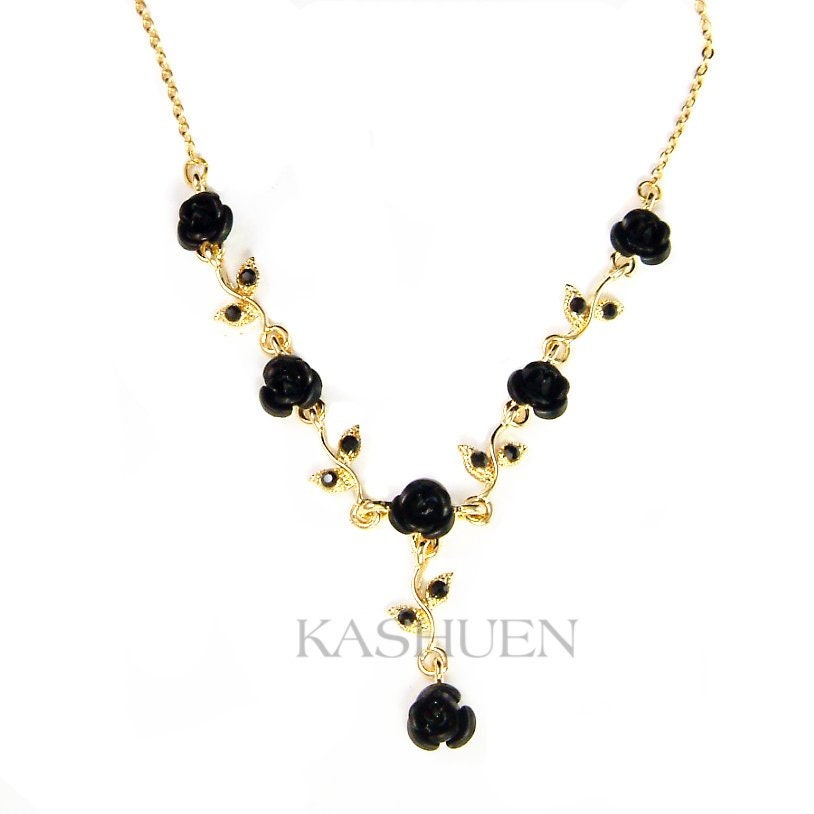 Swarovski Kristall Schwarz Rose Blume Floral Gold Ton Kabel Kette Halskette Urlaub Weihnachten Bester Freund Brautjungfer Schmuck Geschenke Neu von Kashuen