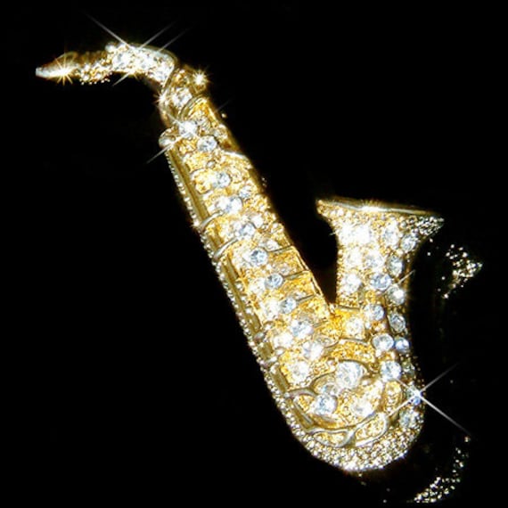 Swarovski Kristall Tenor Alto Sax Saxophon Gold Pin Brosche Schmuck Musik Musikinstrument Musiker Beste Freunde Orchester Weihnachtsgeschenk von Kashuen